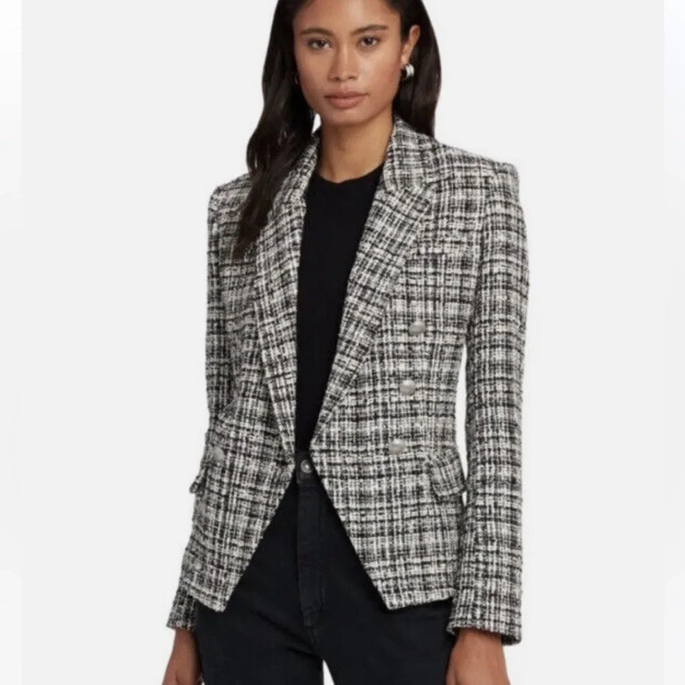 L’AGENCE KENZIE BLACK WHITE TWEED DOUBLE BREASTED BUTTON UP BLAZER JACKET - Picture 15 of 16
